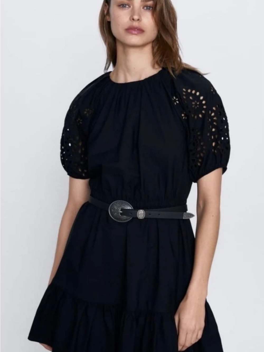 Zara Black Eyelet Embroidered Puff-Sleeve Dress
